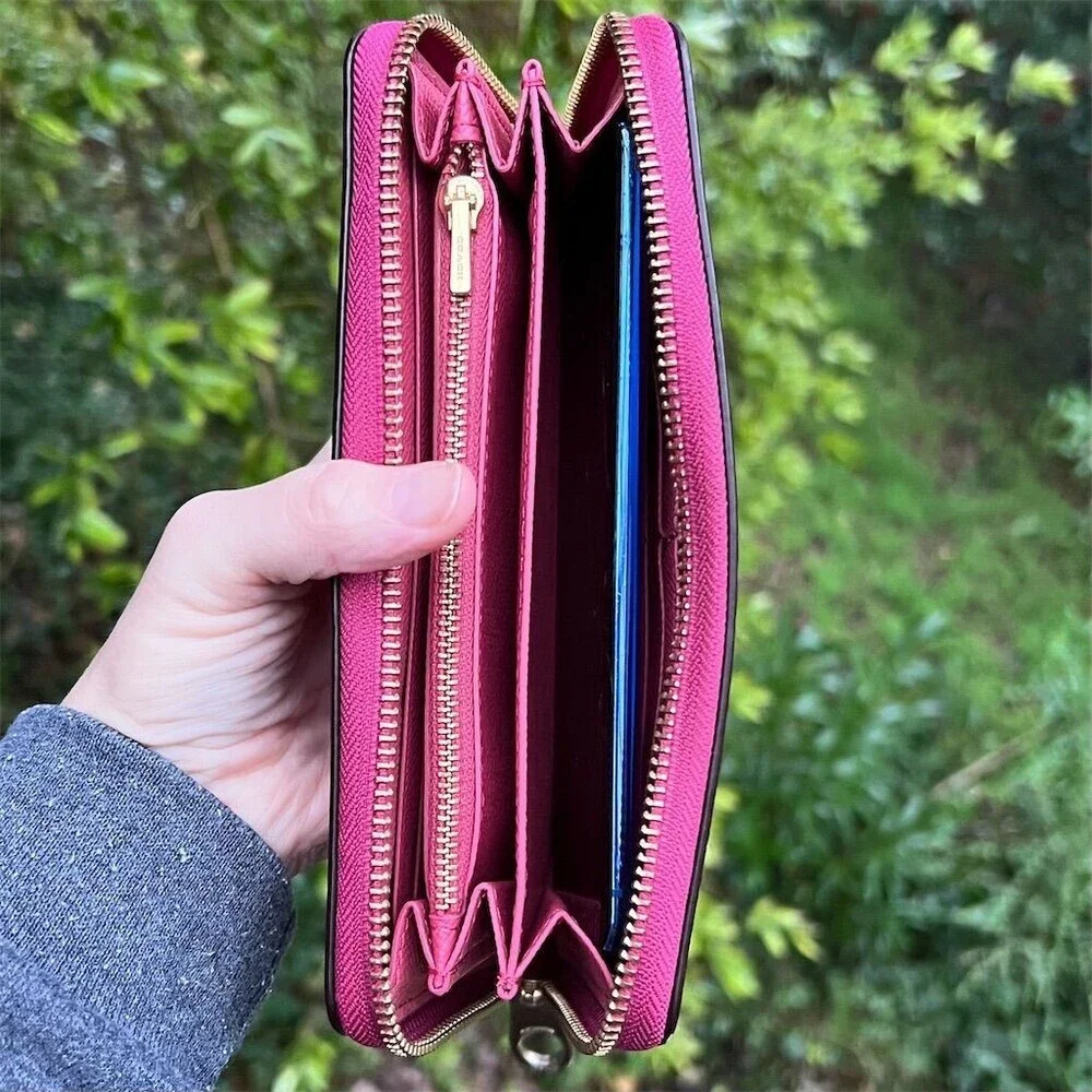 COACH Long Zip-Around Phone Wristlet Wallet Pink Crossgrain Leather w Gold